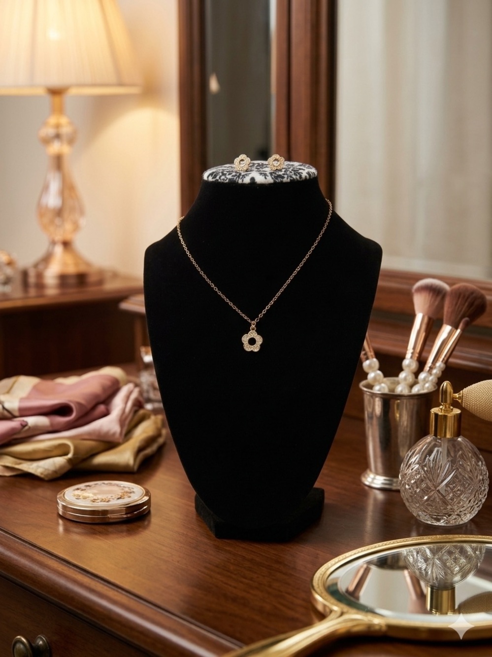 Adorable Gold-Tone Floral Pendant Necklace and Stud Earrings Set